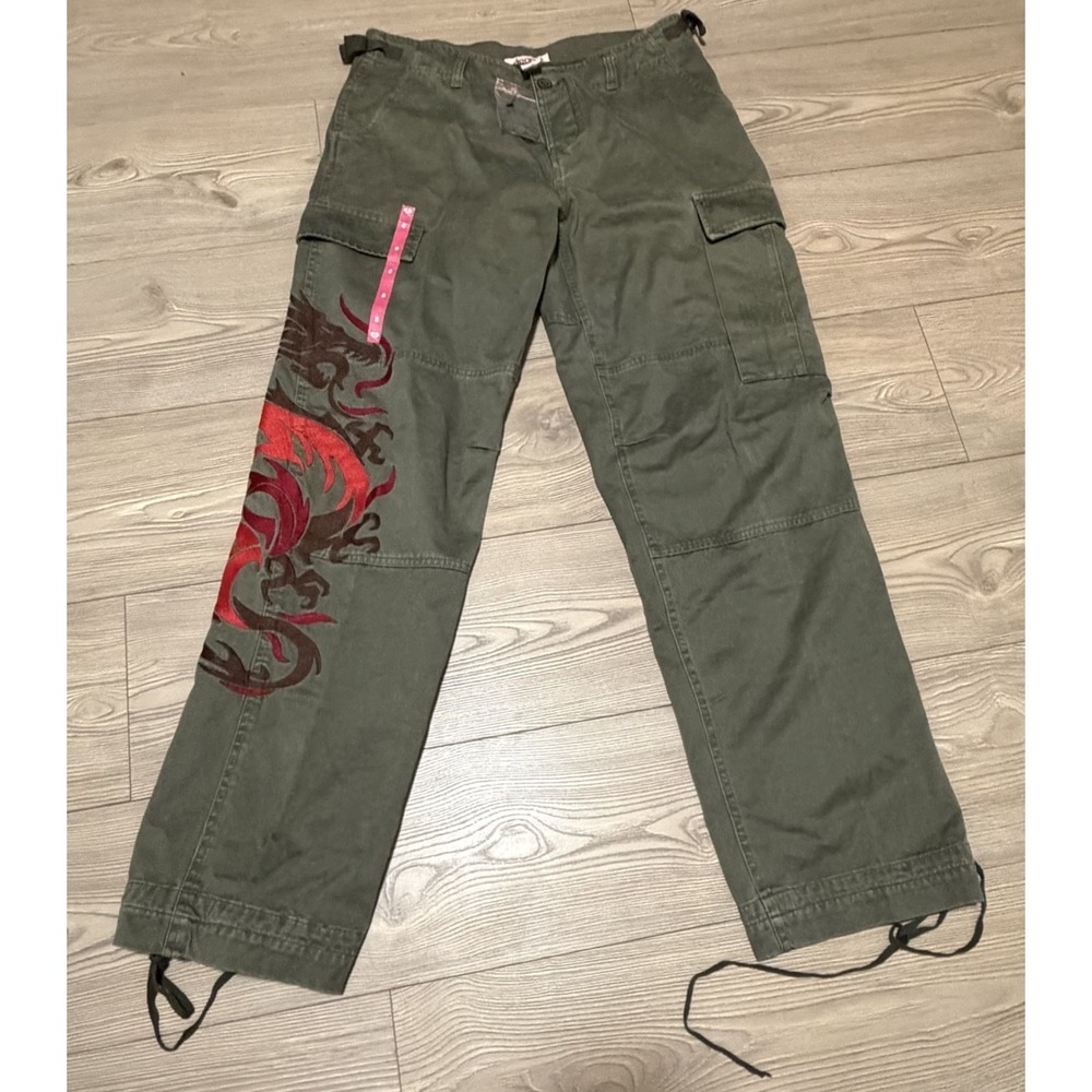 Dear AB Y2K Green Women's Cargo Embroidered Dragon Pants Size 8, Deadstock Nwt